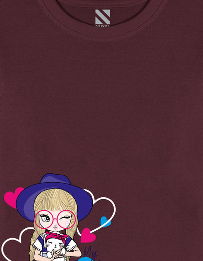 NUSYL Cotton blend full sleeves My lovely kitty text Printed Tee-Wine