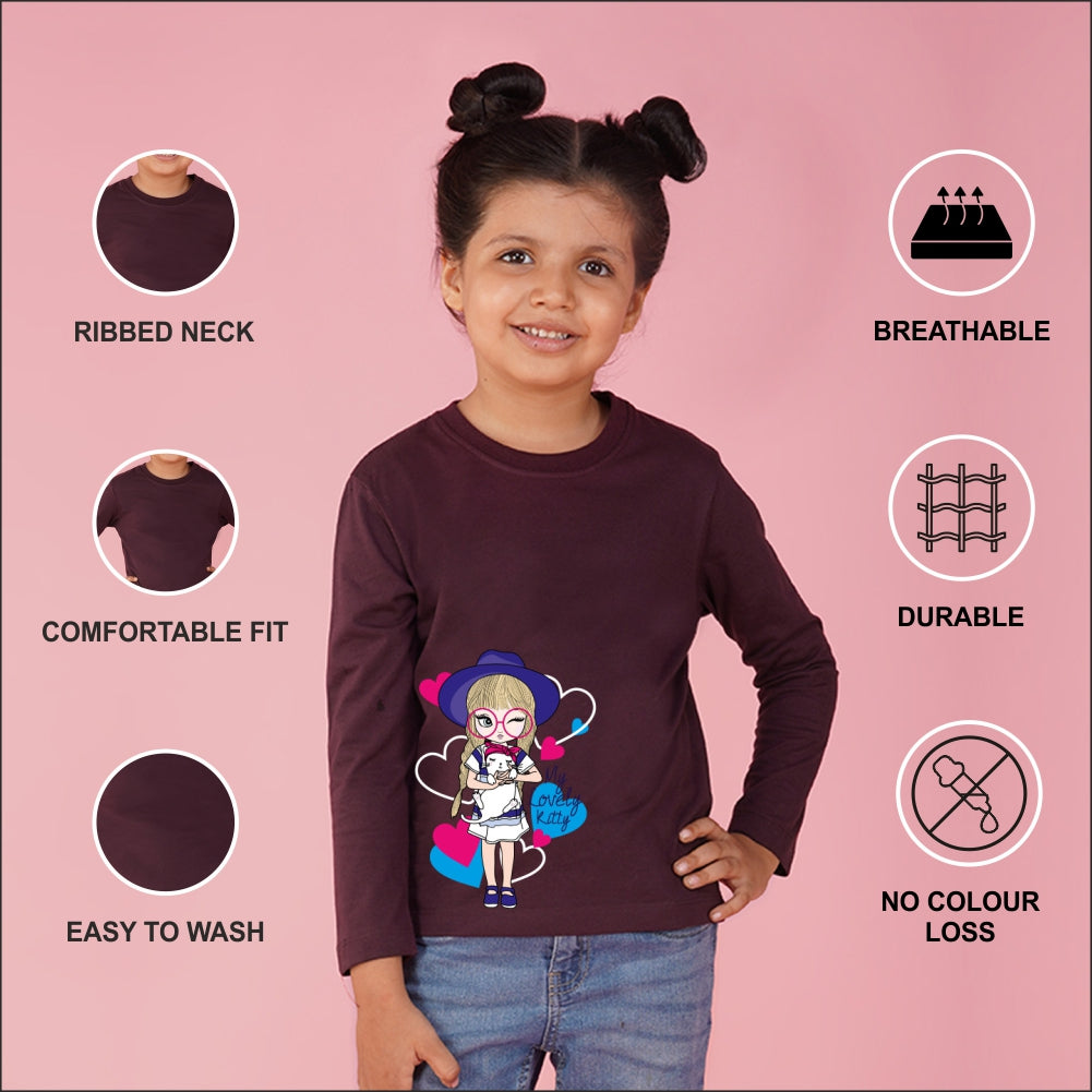 NUSYL Cotton blend full sleeves My lovely kitty text Printed Tee-Wine