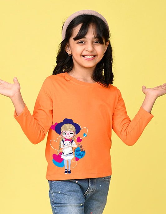NUSYL Cotton blend full sleeves My lovely kitty text Printed Tee-Orange