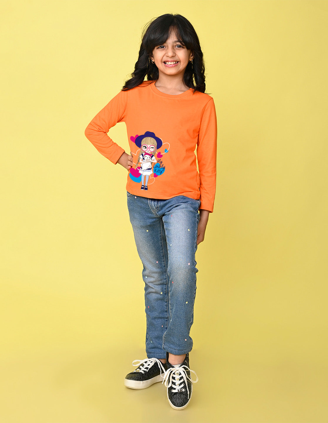 NUSYL Cotton blend full sleeves My lovely kitty text Printed Tee-Orange