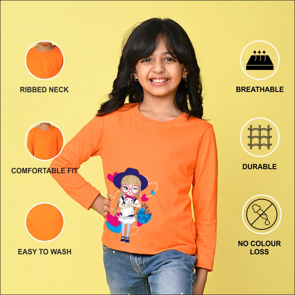 NUSYL Cotton blend full sleeves My lovely kitty text Printed Tee-Orange
