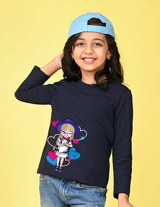 NUSYL Cotton blend full sleeves My lovely kitty text Printed Tee-Navy Blue