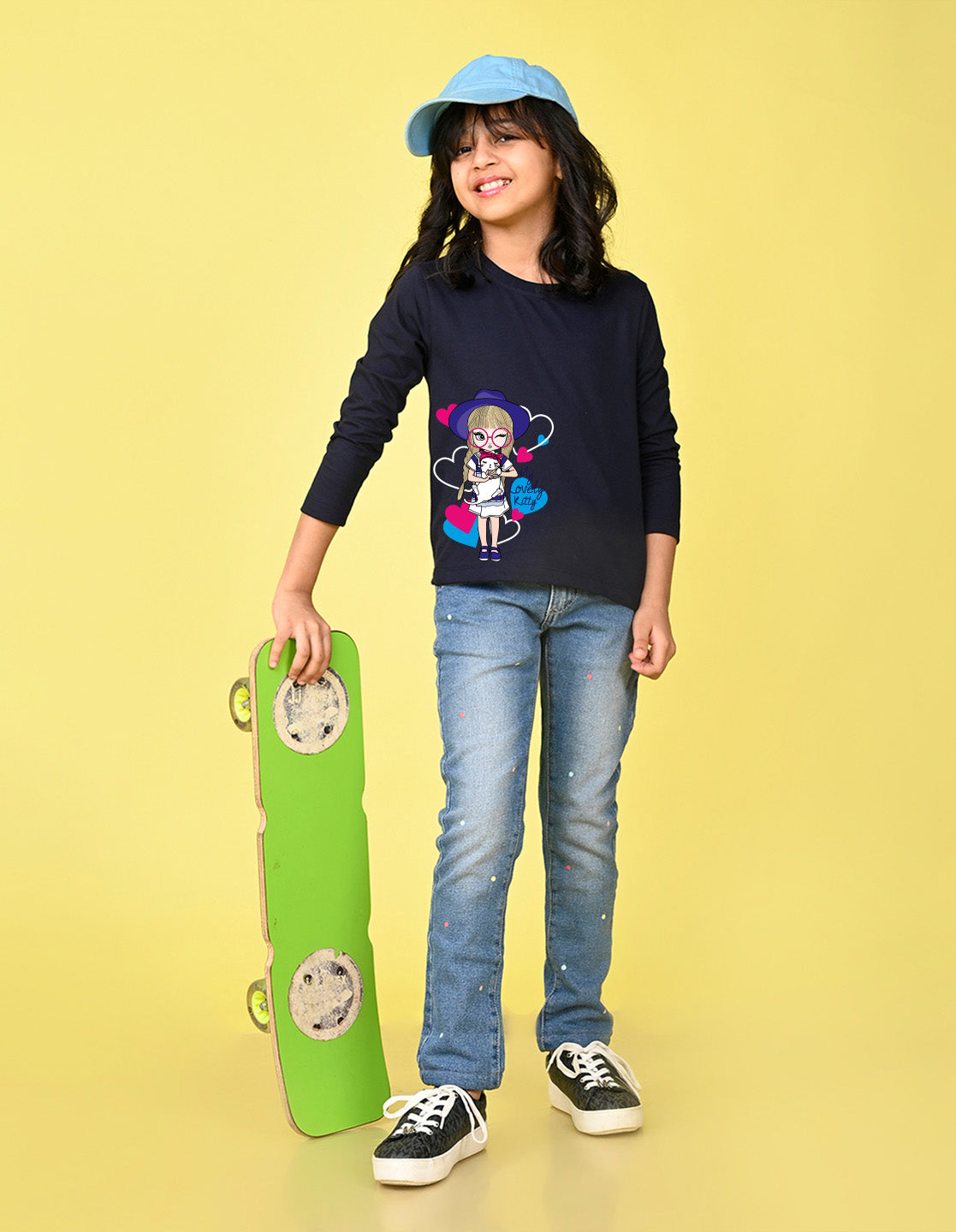 NUSYL Cotton blend full sleeves My lovely kitty text Printed Tee-Navy Blue