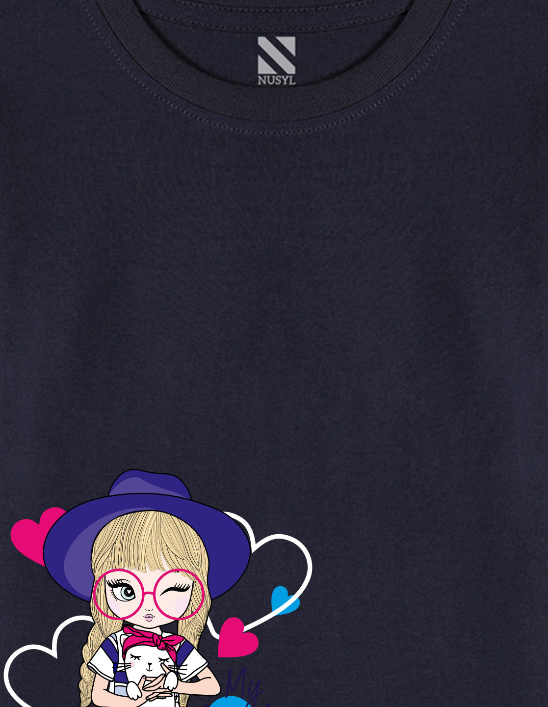 NUSYL Cotton blend full sleeves My lovely kitty text Printed Tee-Navy Blue