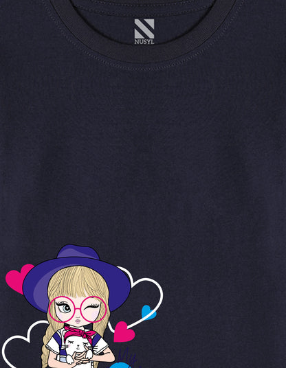 NUSYL Cotton blend full sleeves My lovely kitty text Printed Tee-Navy Blue