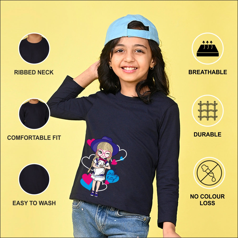 NUSYL Cotton blend full sleeves My lovely kitty text Printed Tee-Navy Blue
