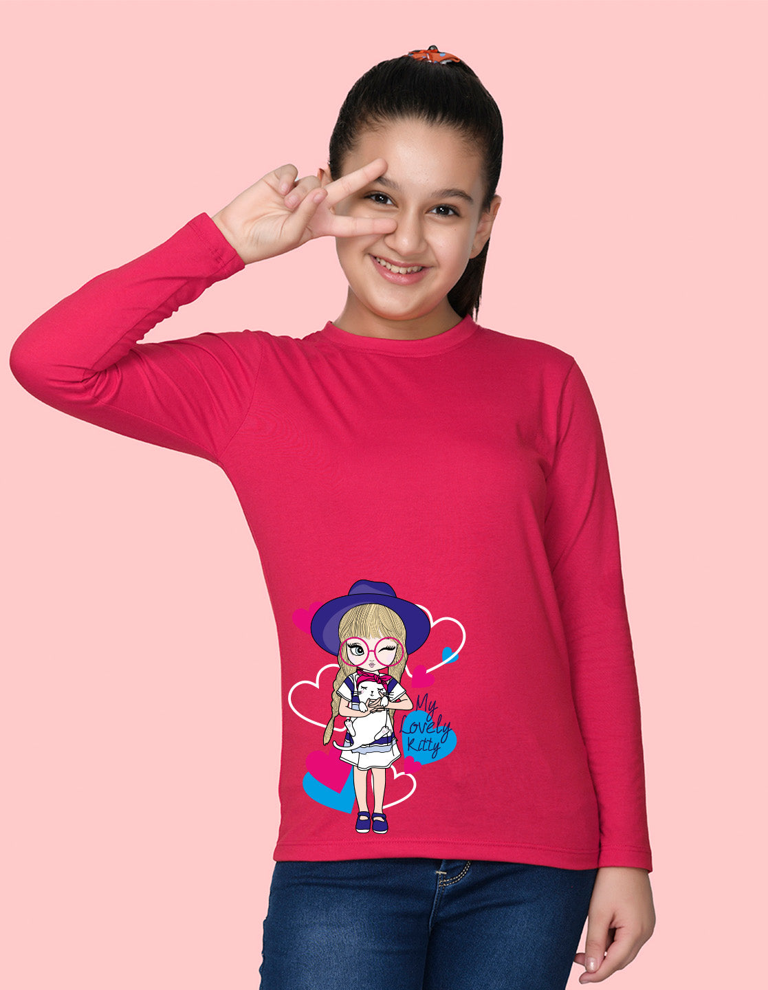 NUSYL Cotton blend full sleeves My lovely kitty text Printed Tee-Hot Pink