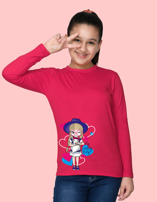 NUSYL Cotton blend full sleeves My lovely kitty text Printed Tee-Hot Pink