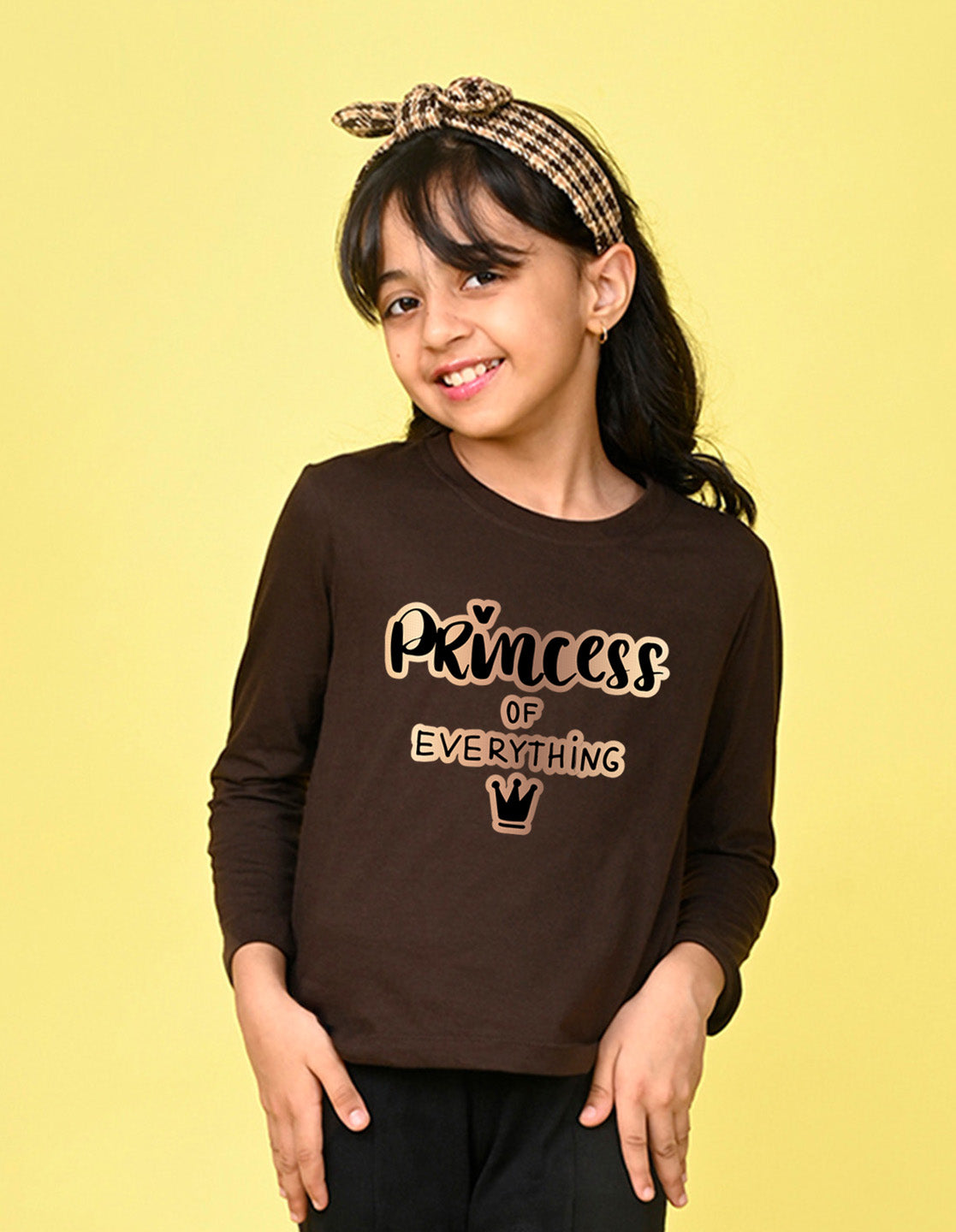NUSYL Cotton blend full sleeves Princess of everything text Printed Tee-Brown