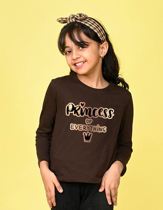 NUSYL Cotton blend full sleeves Princess of everything text Printed Tee-Brown