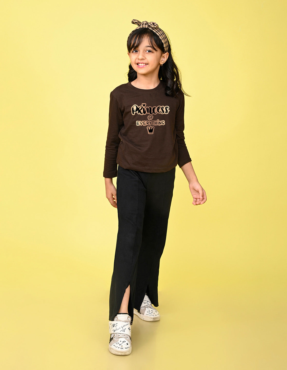NUSYL Cotton blend full sleeves Princess of everything text Printed Tee-Brown