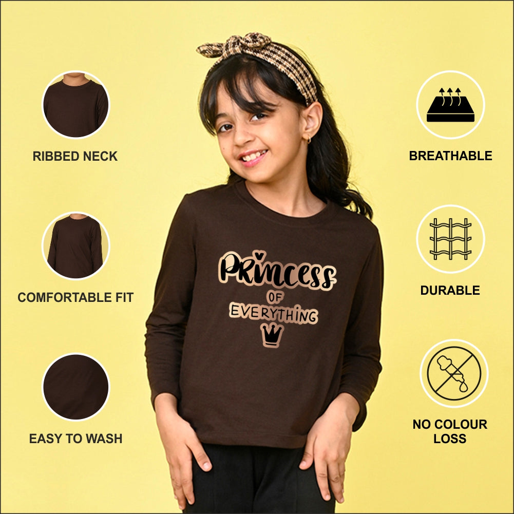 NUSYL Cotton blend full sleeves Princess of everything text Printed Tee-Brown