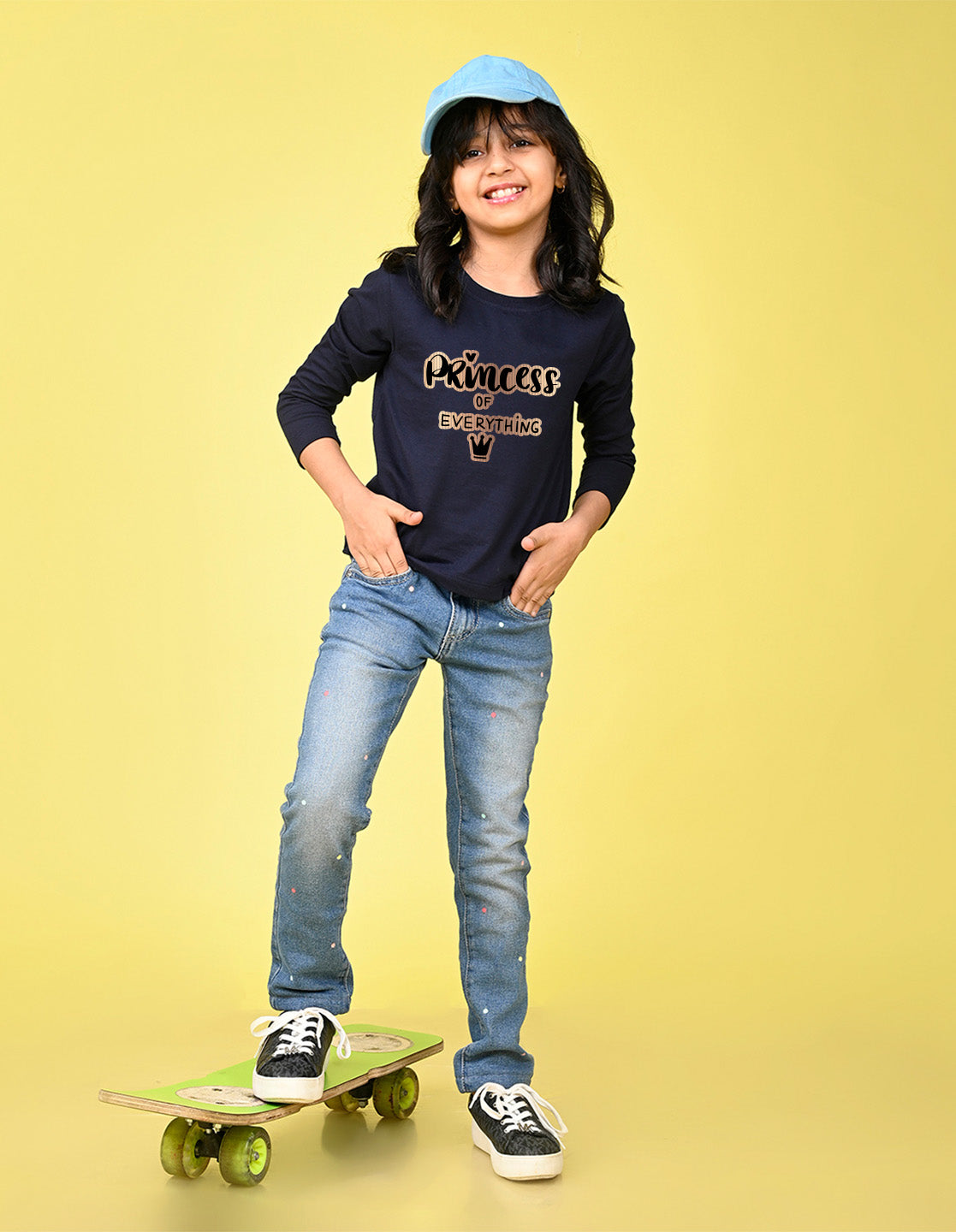 NUSYL Cotton blend full sleeves Princess of everything text Printed Tee-Navy Blue