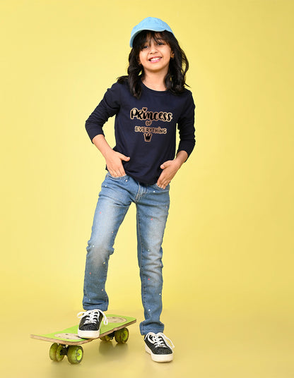 NUSYL Cotton blend full sleeves Princess of everything text Printed Tee-Navy Blue