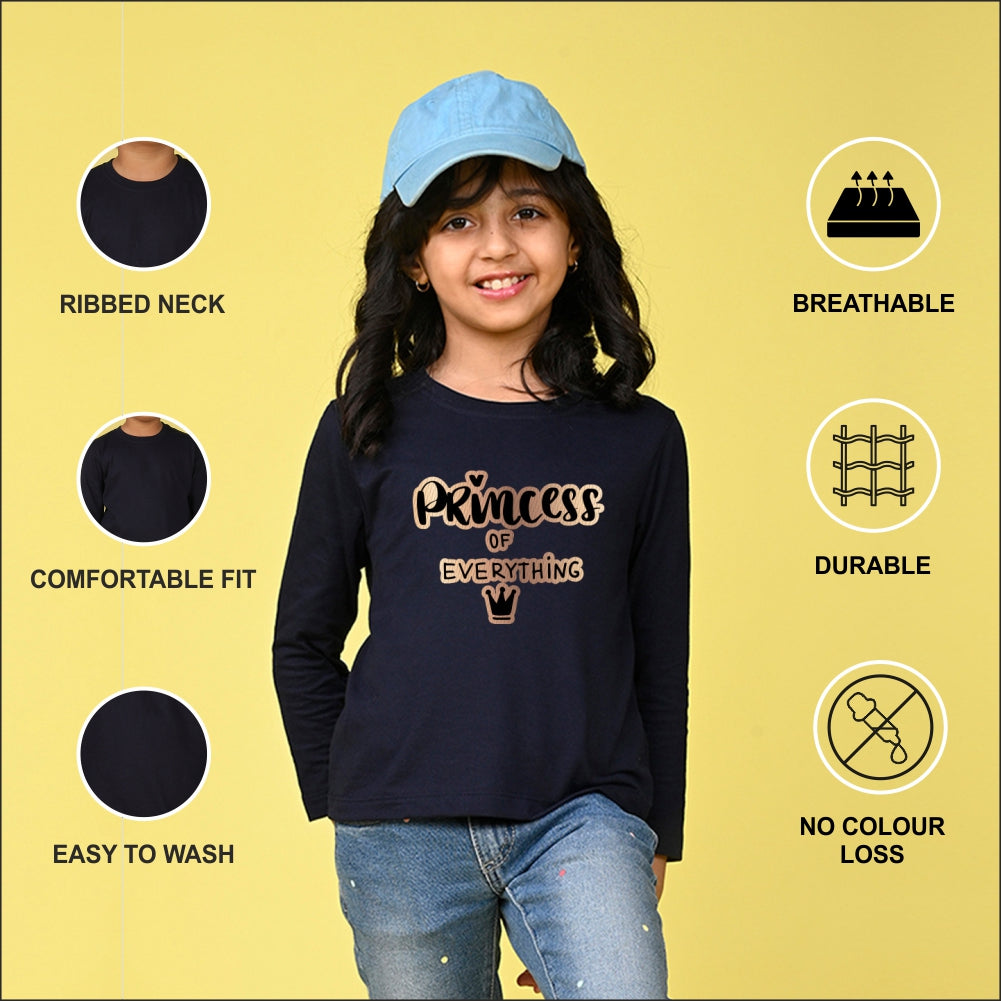NUSYL Cotton blend full sleeves Princess of everything text Printed Tee-Navy Blue