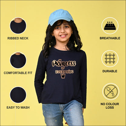 NUSYL Cotton blend full sleeves Princess of everything text Printed Tee-Navy Blue