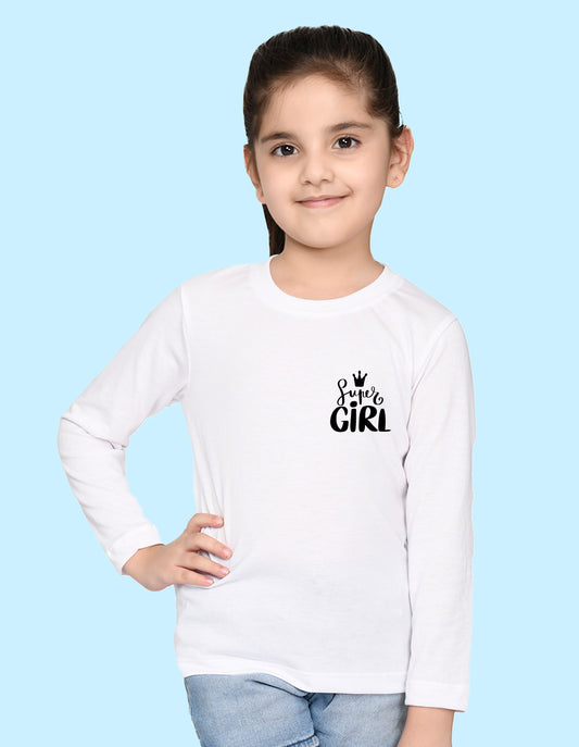 NUSYL Cotton blend full sleeves Super girl text Printed Tee-White
