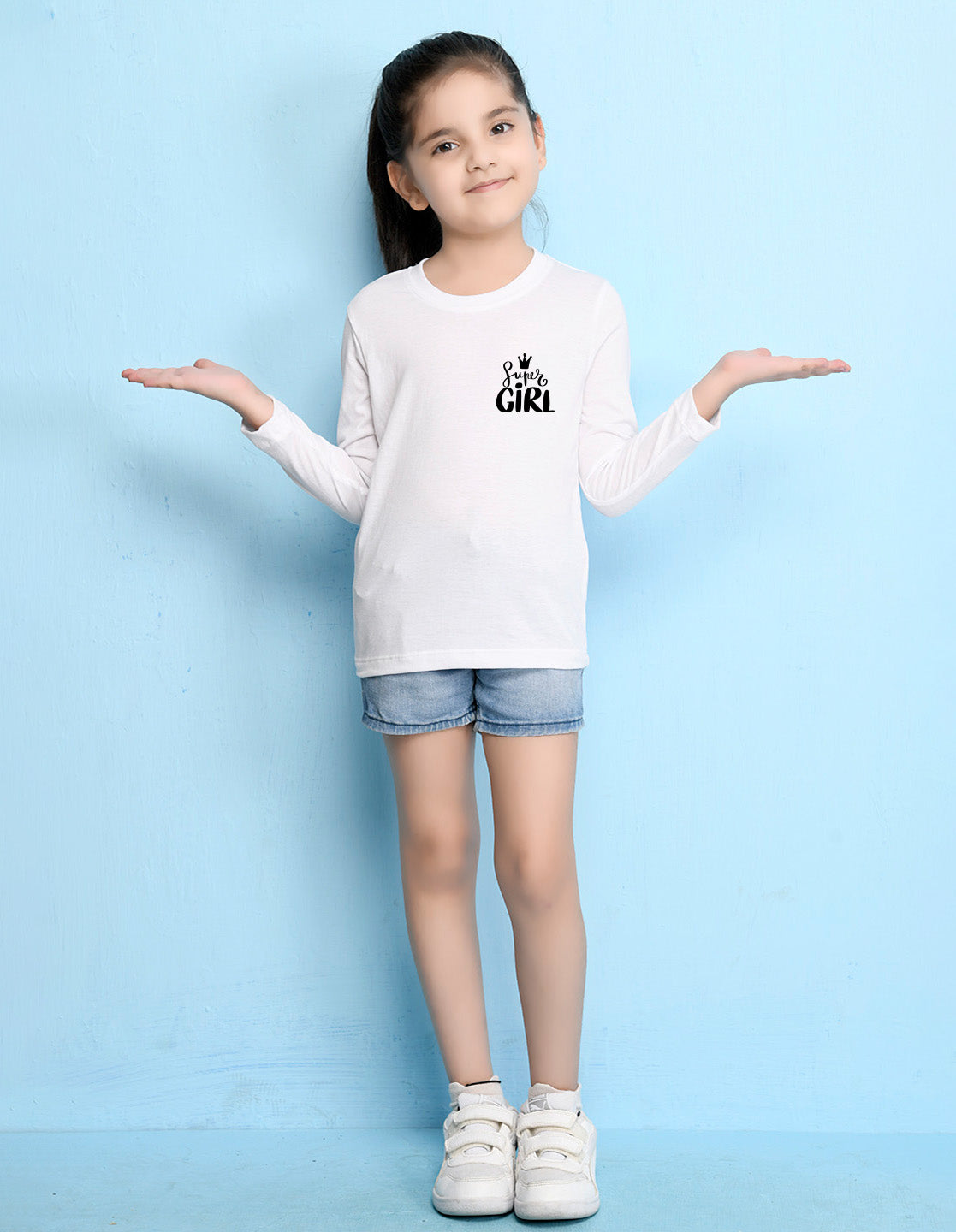NUSYL Cotton blend full sleeves Super girl text Printed Tee-White