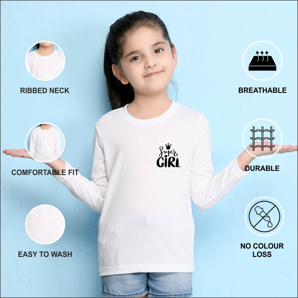 NUSYL Cotton blend full sleeves Super girl text Printed Tee-White