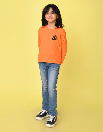 NUSYL Cotton blend full sleeves Super girl text Printed Tee-Orange