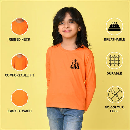 NUSYL Cotton blend full sleeves Super girl text Printed Tee-Orange