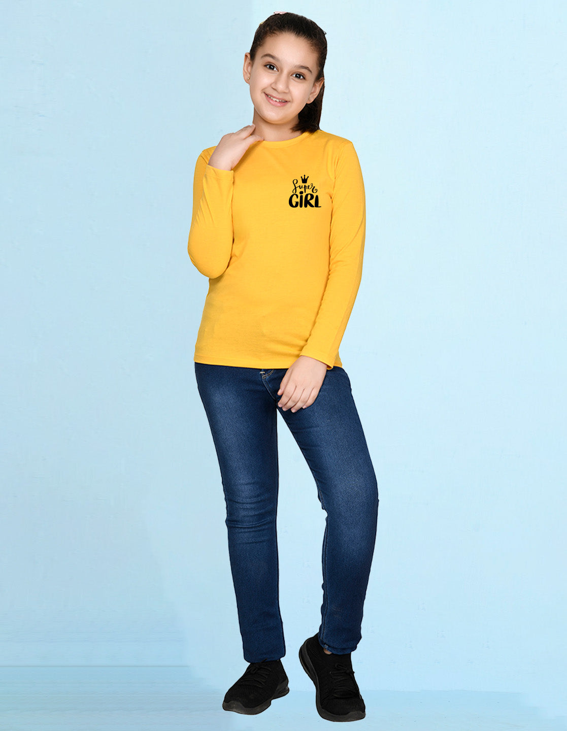 NUSYL Cotton blend full sleeves Super girl text Printed Tee-Yellow