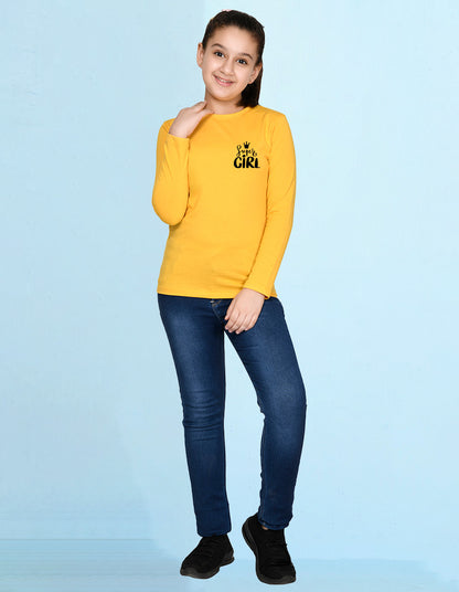 NUSYL Cotton blend full sleeves Super girl text Printed Tee-Yellow