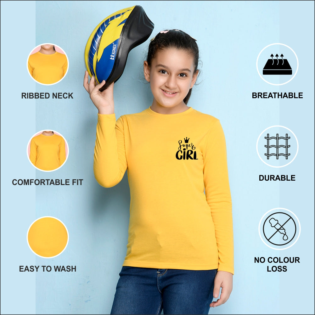 NUSYL Cotton blend full sleeves Super girl text Printed Tee-Yellow
