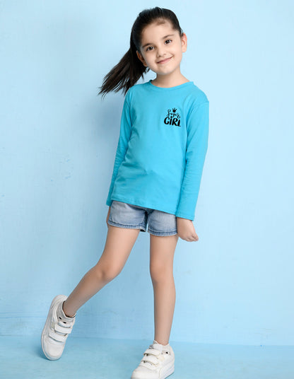 NUSYL Cotton blend full sleeves Super girl text Printed Tee-Sky Blue