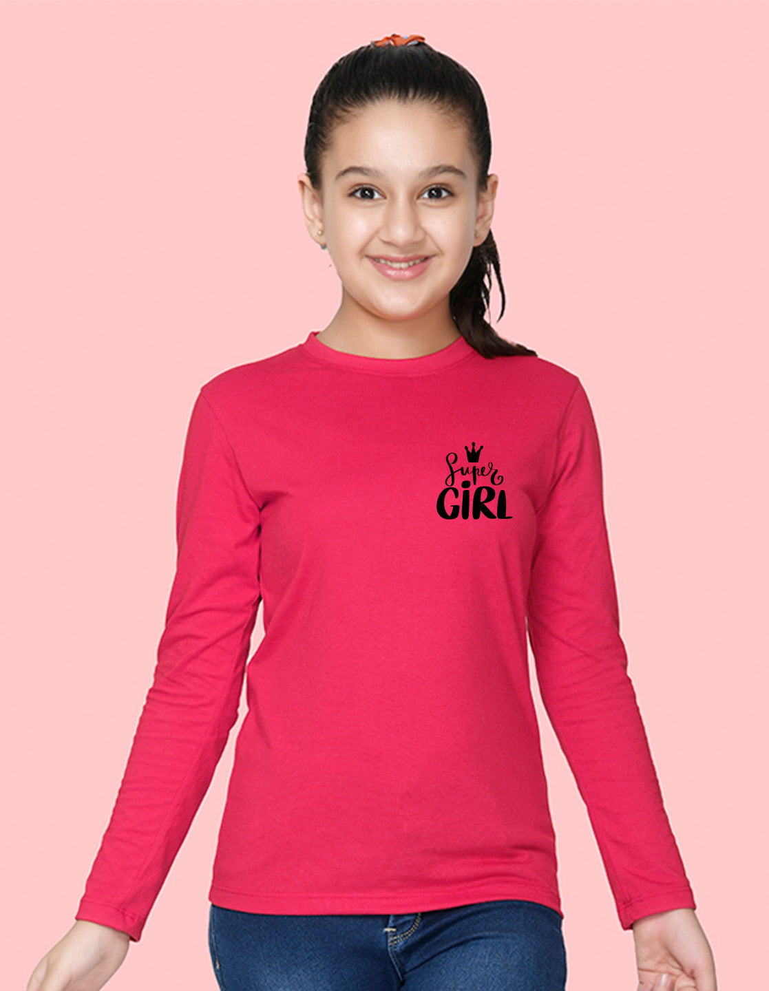 NUSYL Cotton blend full sleeves Super girl text Printed Tee-Hot Pink