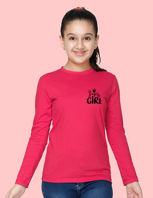 NUSYL Cotton blend full sleeves Super girl text Printed Tee-Hot Pink