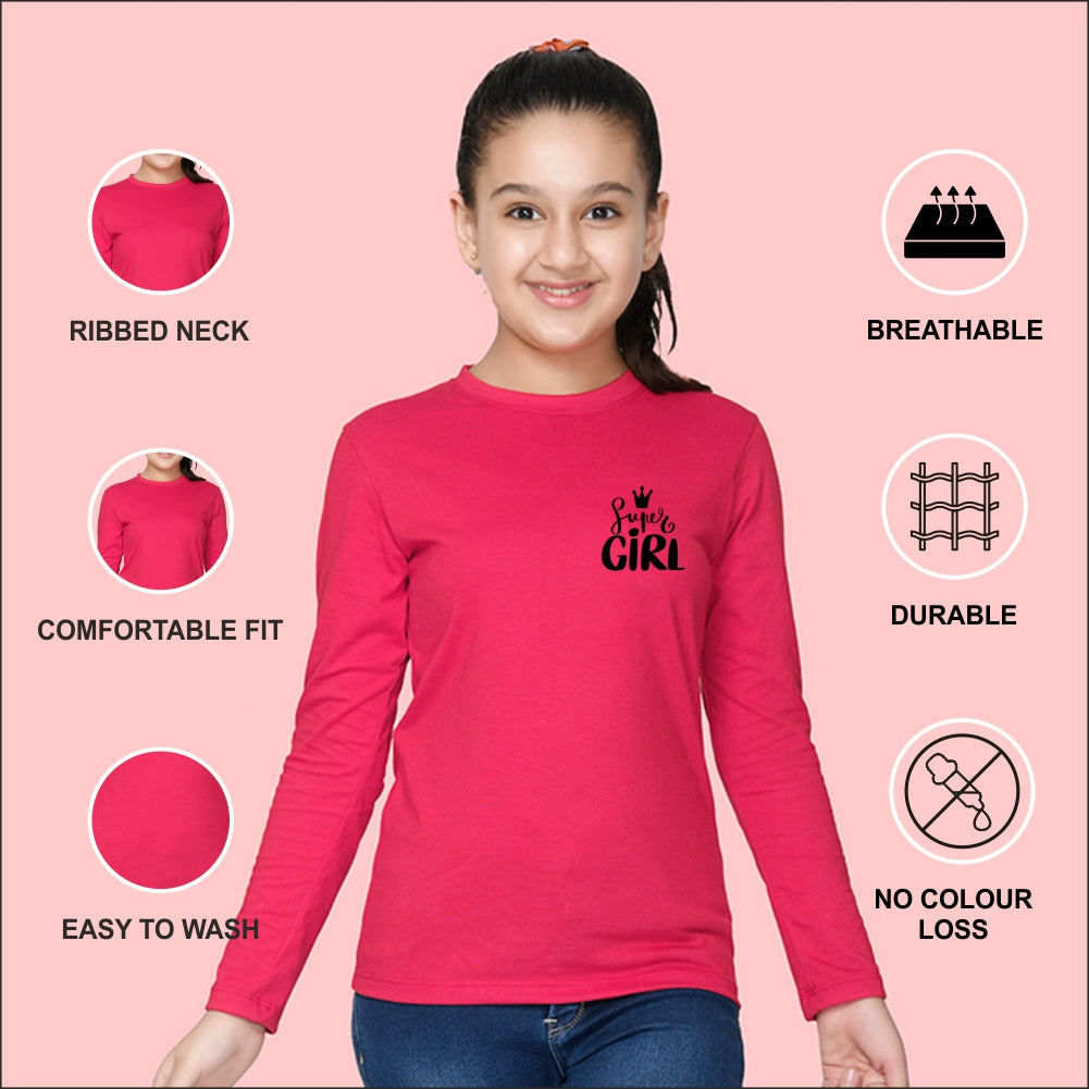 NUSYL Cotton blend full sleeves Super girl text Printed Tee-Hot Pink