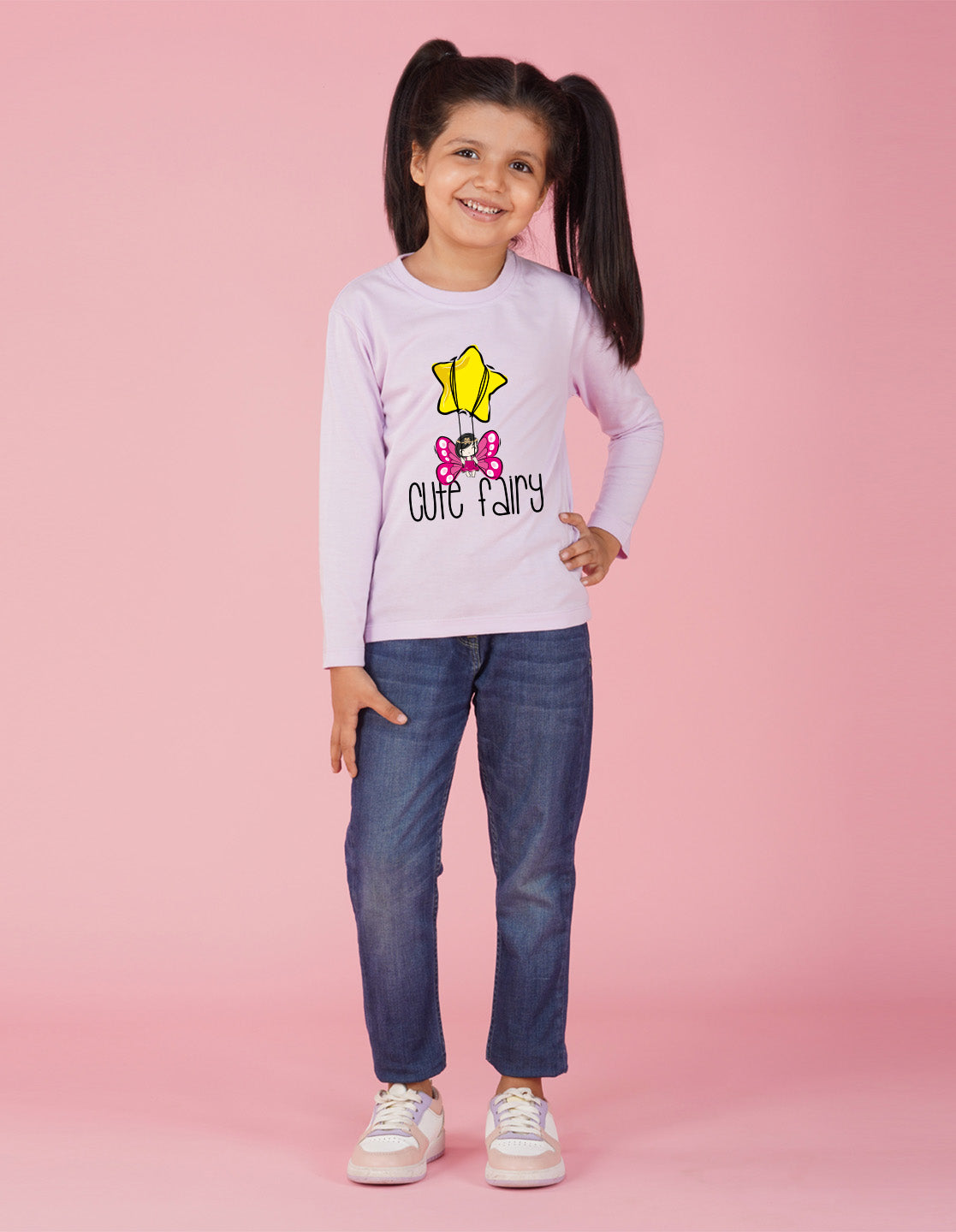 NUSYL Cotton blend full sleeves Cute fairy text Printed Tee-Lilac