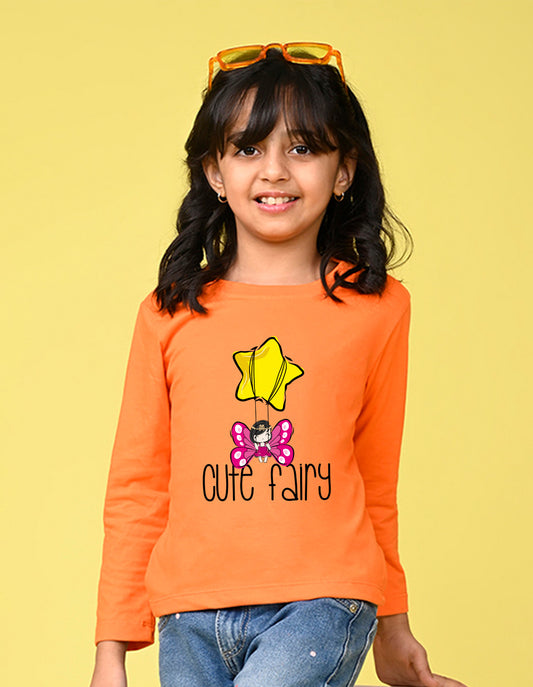 NUSYL Cotton blend full sleeves Cute fairy text Printed Tee-Orange