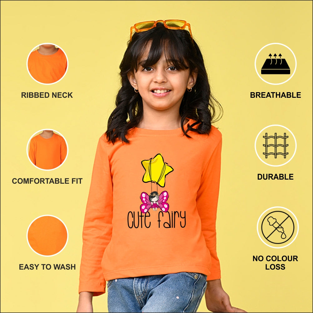 NUSYL Cotton blend full sleeves Cute fairy text Printed Tee-Orange