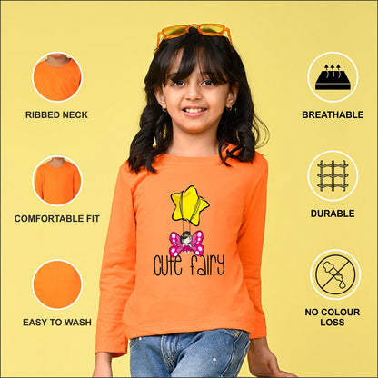 NUSYL Cotton blend full sleeves Cute fairy text Printed Tee-Orange