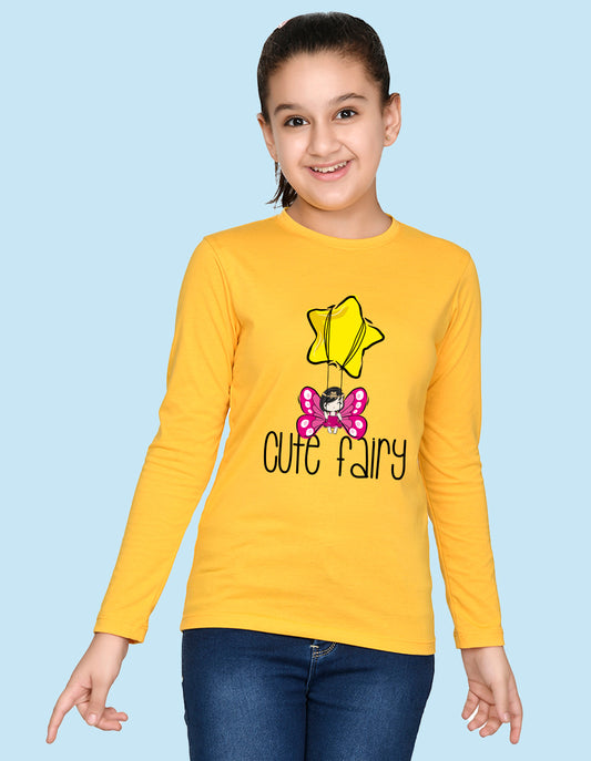 NUSYL Cotton blend full sleeves Cute fairy text Printed Tee-Yellow