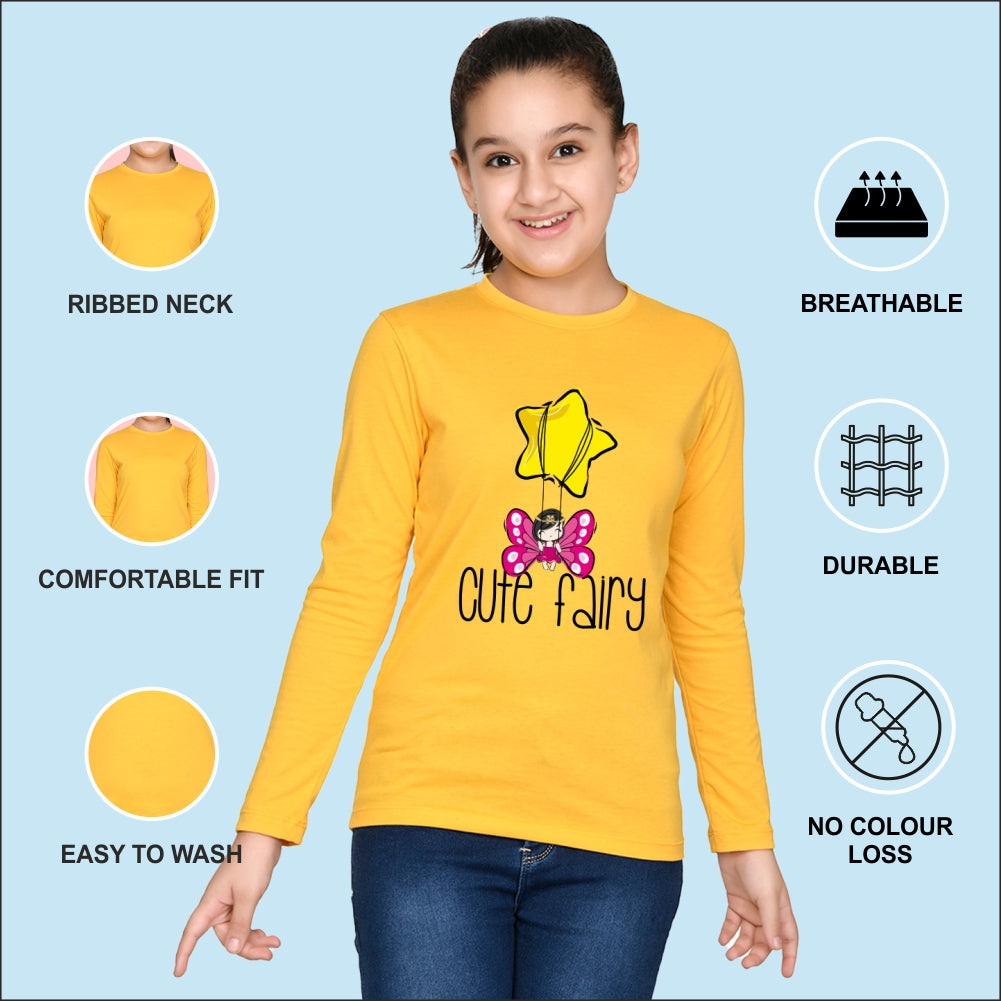 NUSYL Cotton blend full sleeves Cute fairy text Printed Tee-Yellow