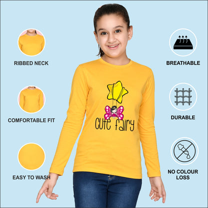 NUSYL Cotton blend full sleeves Cute fairy text Printed Tee-Yellow