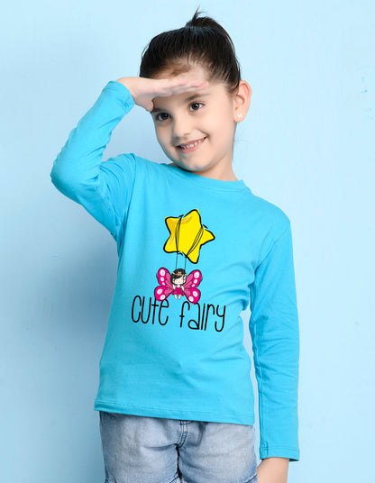 NUSYL Cotton blend full sleeves Cute fairy text Printed Tee-Sky Blue