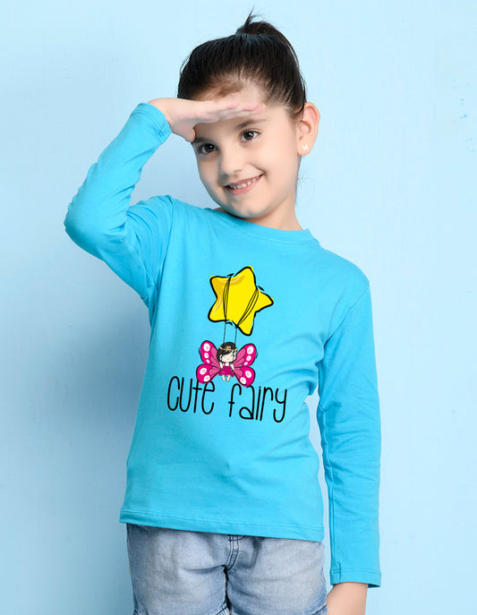 NUSYL Cotton blend full sleeves Cute fairy text Printed Tee-Sky Blue
