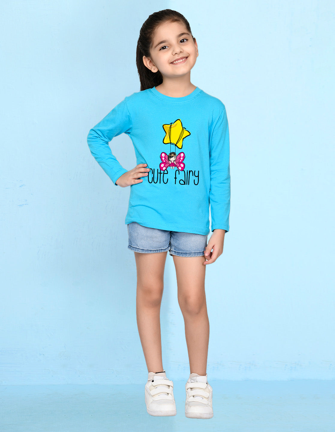 NUSYL Cotton blend full sleeves Cute fairy text Printed Tee-Sky Blue