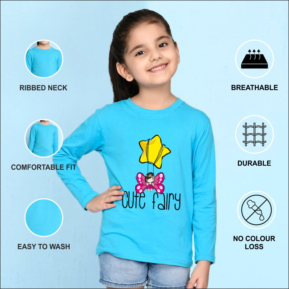 NUSYL Cotton blend full sleeves Cute fairy text Printed Tee-Sky Blue