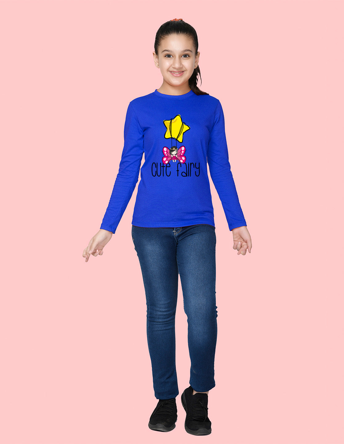 NUSYL Cotton blend full sleeves Cute fairy text Printed Tee-Royal Blue