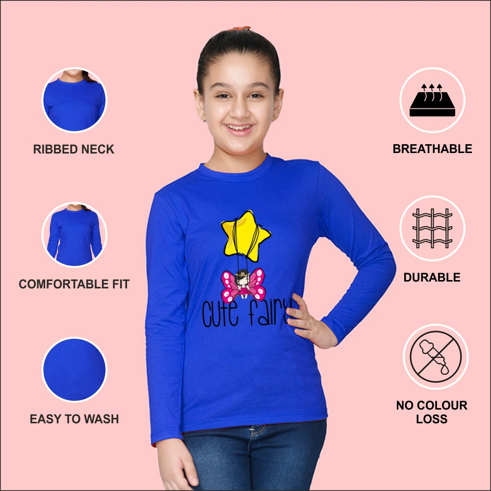 NUSYL Cotton blend full sleeves Cute fairy text Printed Tee-Royal Blue