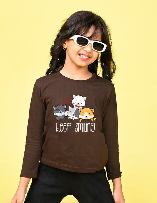 NUSYL Cotton blend full sleeves keep smiling text Printed Tee-Brown
