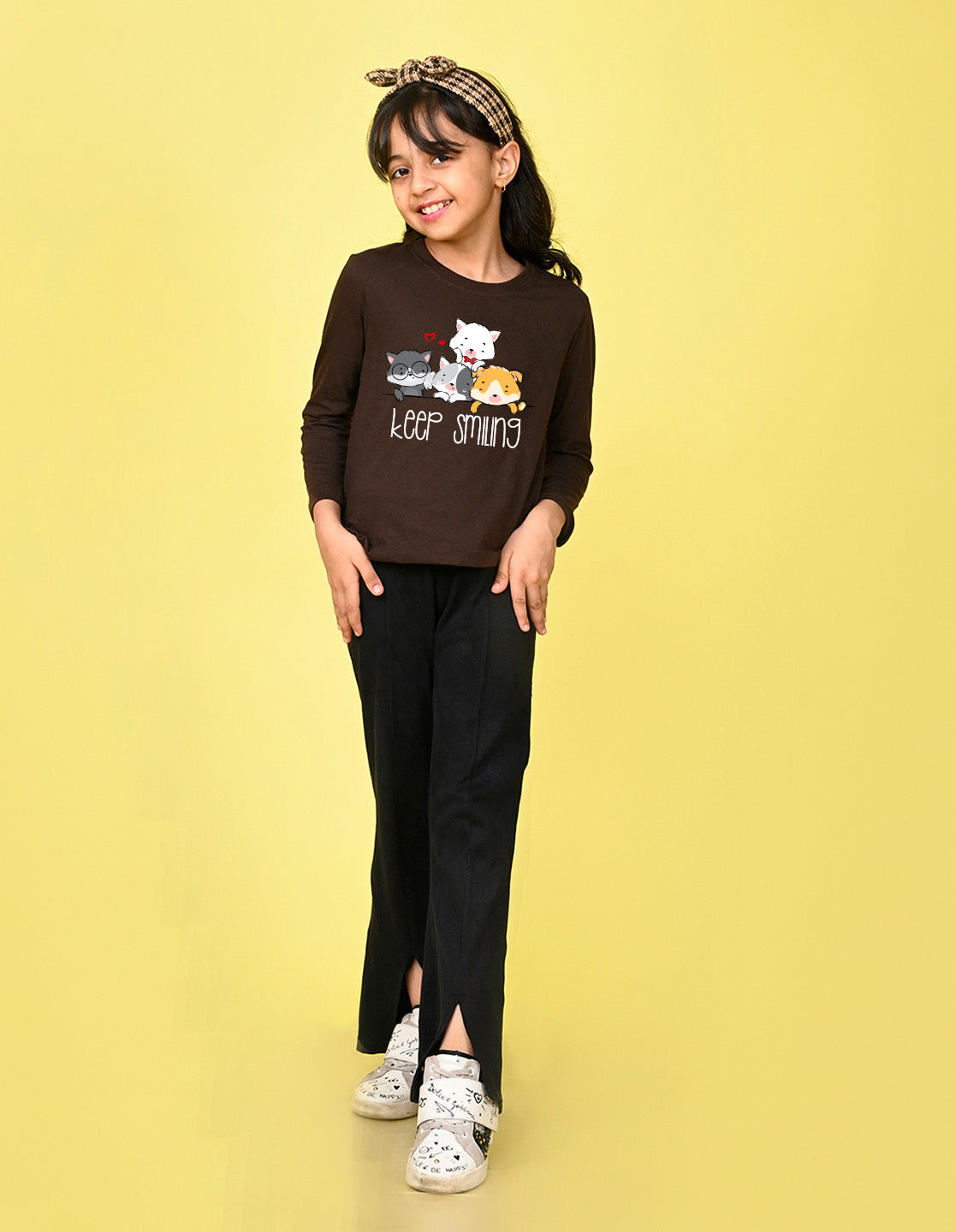 NUSYL Cotton blend full sleeves keep smiling text Printed Tee-Brown