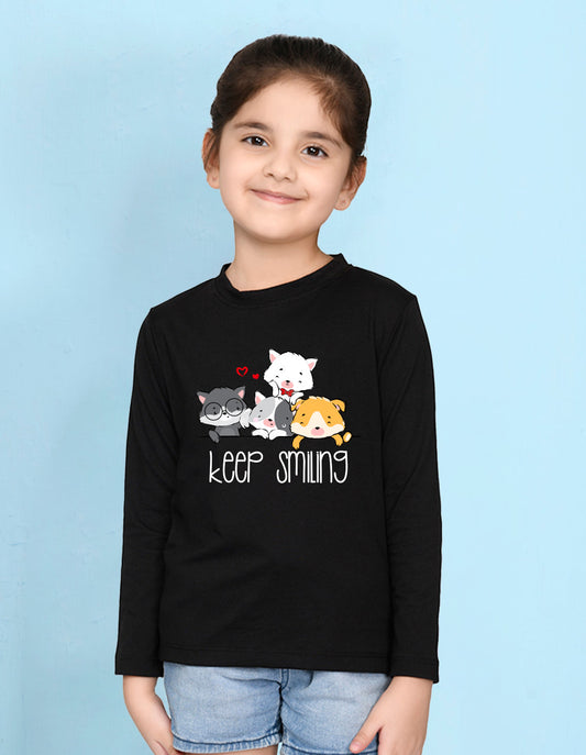 NUSYL Cotton blend full sleeves keep smiling text Printed Tee-Black
