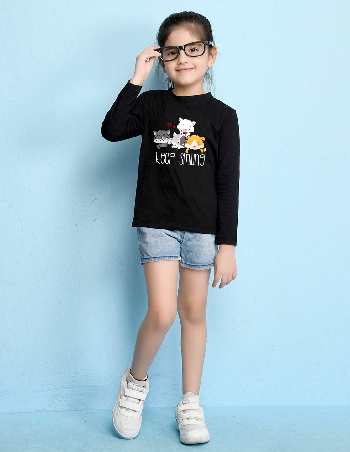NUSYL Cotton blend full sleeves keep smiling text Printed Tee-Black
