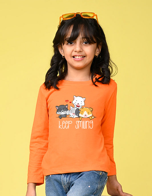 NUSYL Cotton blend full sleeves keep smiling text Printed Tee-Orange